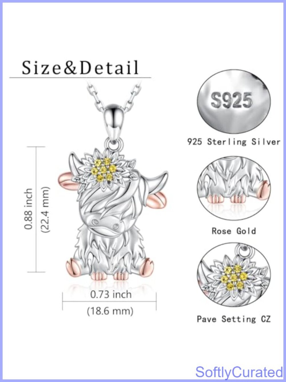 Sterling Silver Highland Cow Necklace CZ Sunflower Pendant 18+2in Adjustable - Picture 6 of 6